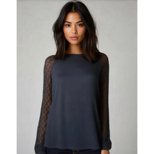 Miholl Women's Top Large Black Long Lace Sleeves Crew Neck Ribbed Knit Coquette